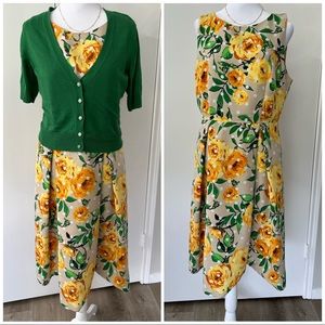 New York & Company | Yellow Floral A-Line Fit &Flare Dress w/ green cardigan